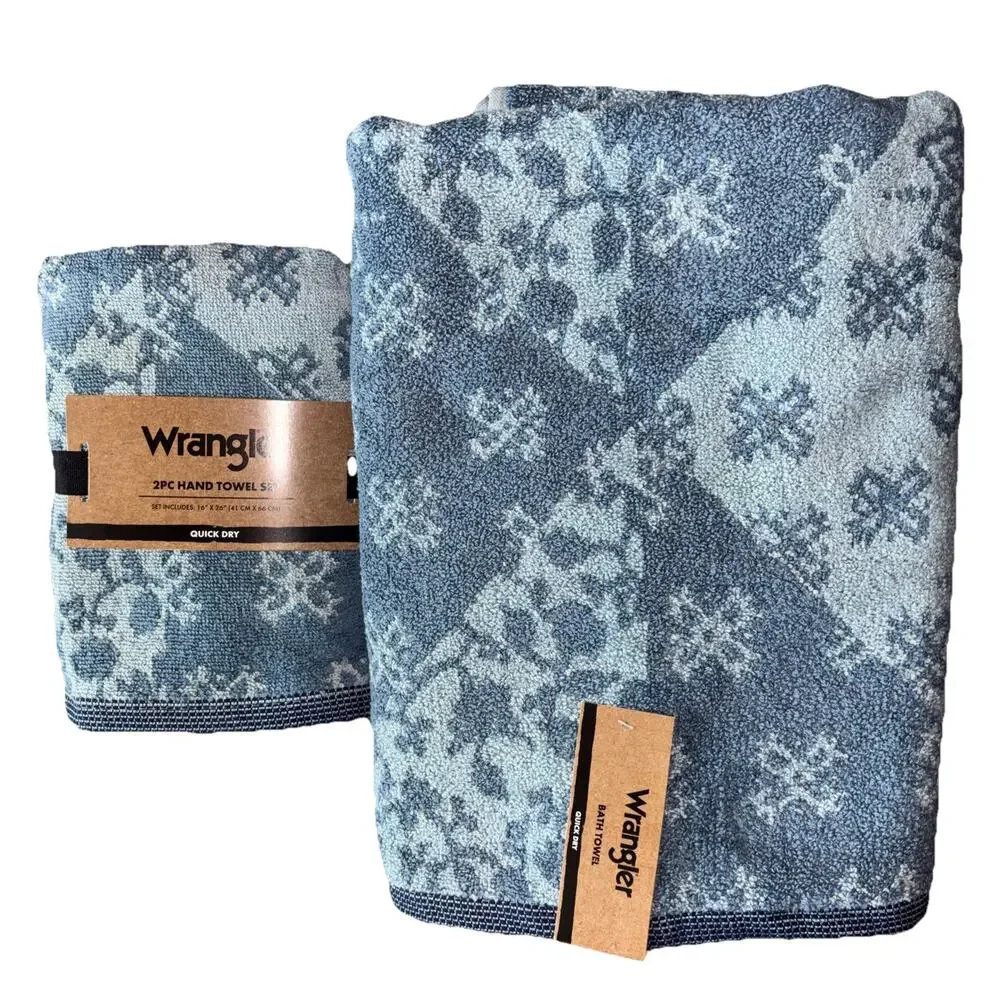 Wrangler Rodeo Patchwork Blue Western Floral Stars 2 Bath & 2 Hand Towel Set New